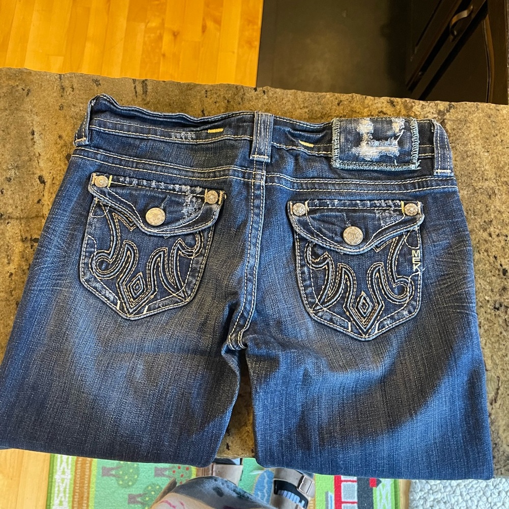 MEK dark blue distressed flap back pocket jeans denim size 26